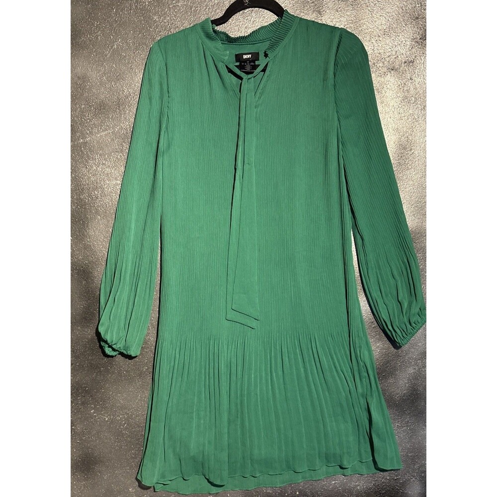 DKNY Vibrant Green Pleated Long Sleeve Ruffle Tie Neck Dress Size 6 Preppy Fall